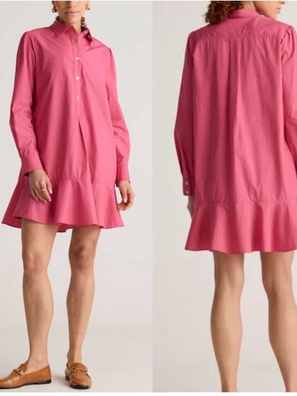 Quince Bright Pink Long Sleeve Shirt Dress with Flared Hem